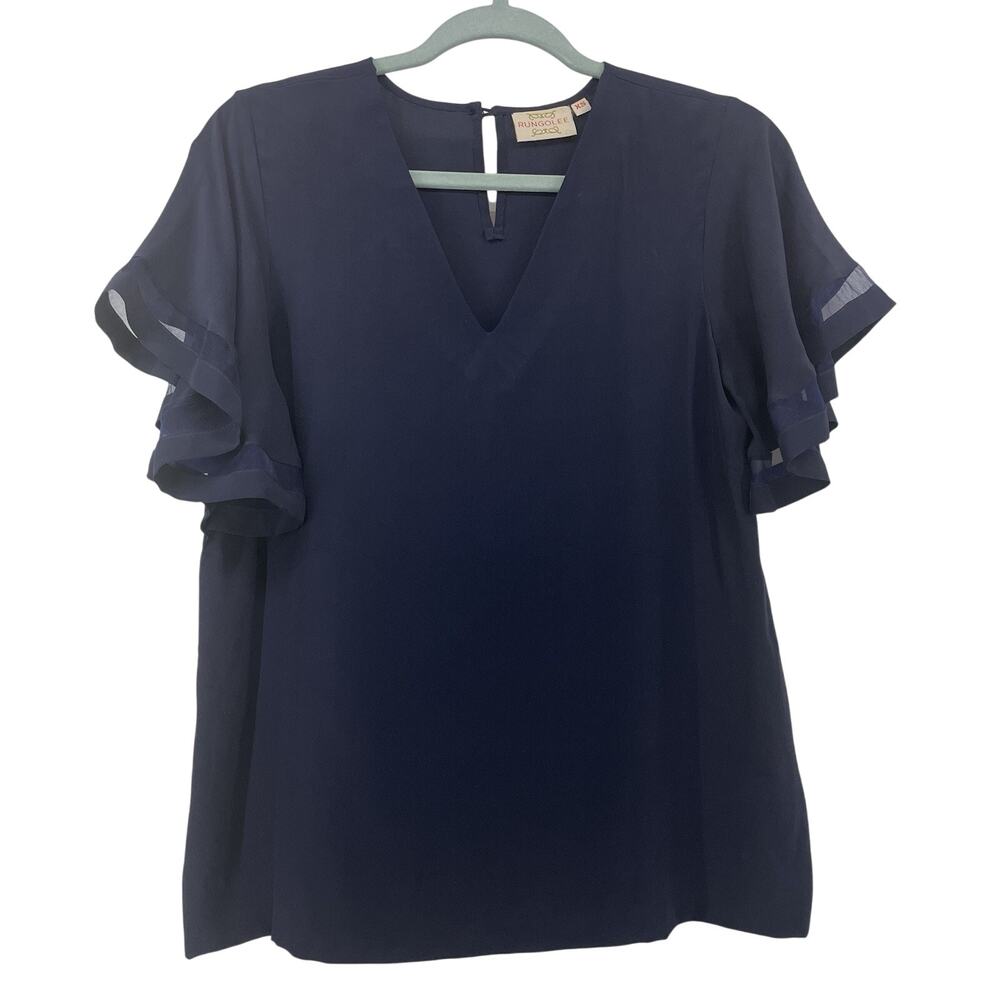 RUNGOLEE Size XS SILK Top Navy Blue Short Flutter Mesh Sleeve Basic V-Neck‎